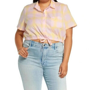 BP Women's Crop Button-up Shirt Pink- Yellow Windowpane Plus Size 1X NWT v6x